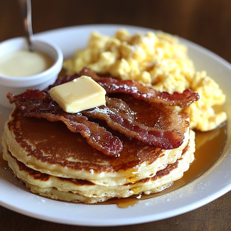 Buttermilk pancakes with turkey bacon and eggs